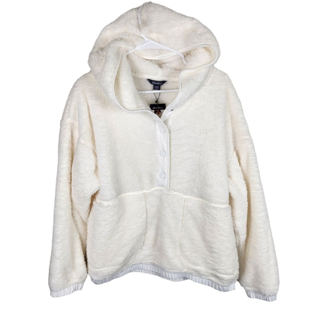NWT Eddie Bauer Sherpa Fleece Teddy Half Snap White Plush Hoodie Women M